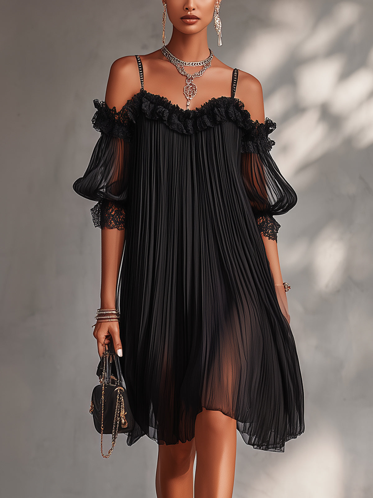 Vittoria | Mini Vestido Negro de Muselina con Hombros Descubiertos y Bordes de Encaje - Talla S