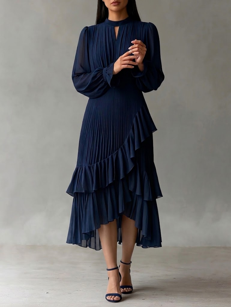 Céleste Valmont — Vestido Midi Plisado Elegante con Volantes | Gracia en Movimiento