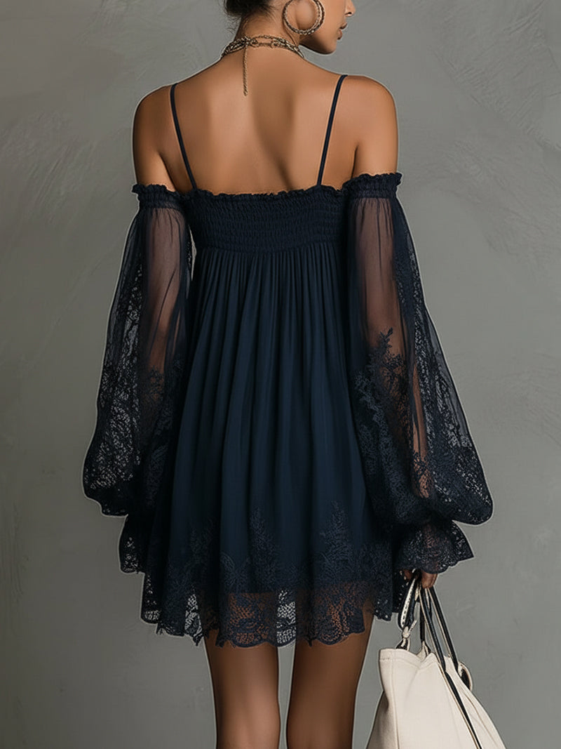 Vestido Noemi Valmont — Mini Off-Shoulder con Encaje | Azul Navy