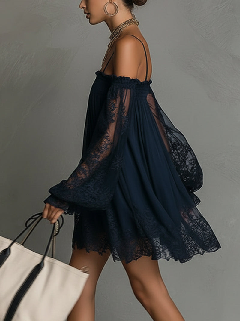 Vestido Noemi Valmont — Mini Off-Shoulder con Encaje | Azul Navy