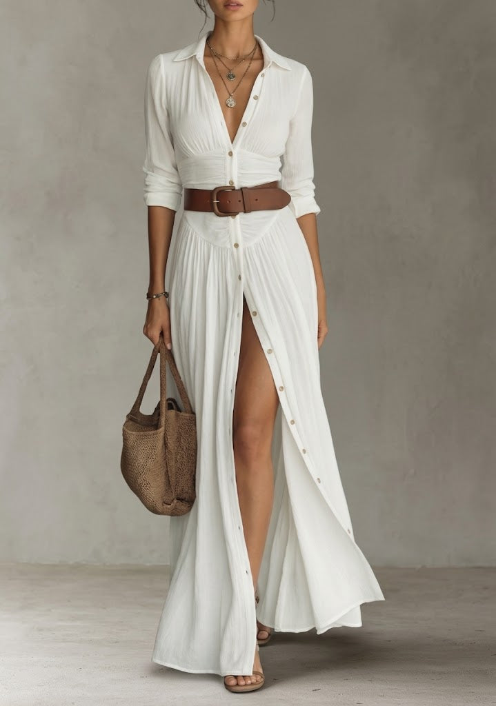Soleil Valmont — Vestido Maxi Lino Cuello Solapa & Mangas Largas | Elegancia Natural