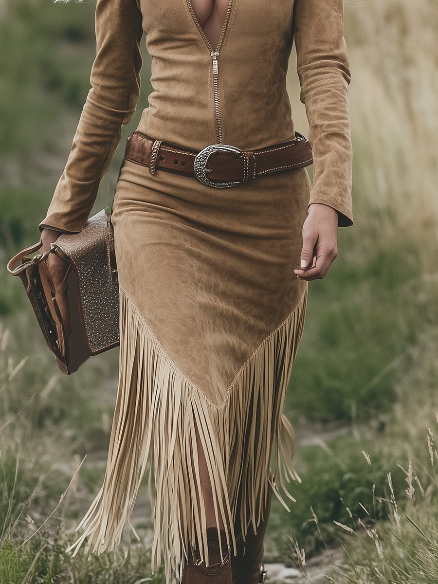 Roxanne Valmont — Vestido Western Efecto Ante con Flecos | Far West Luxe