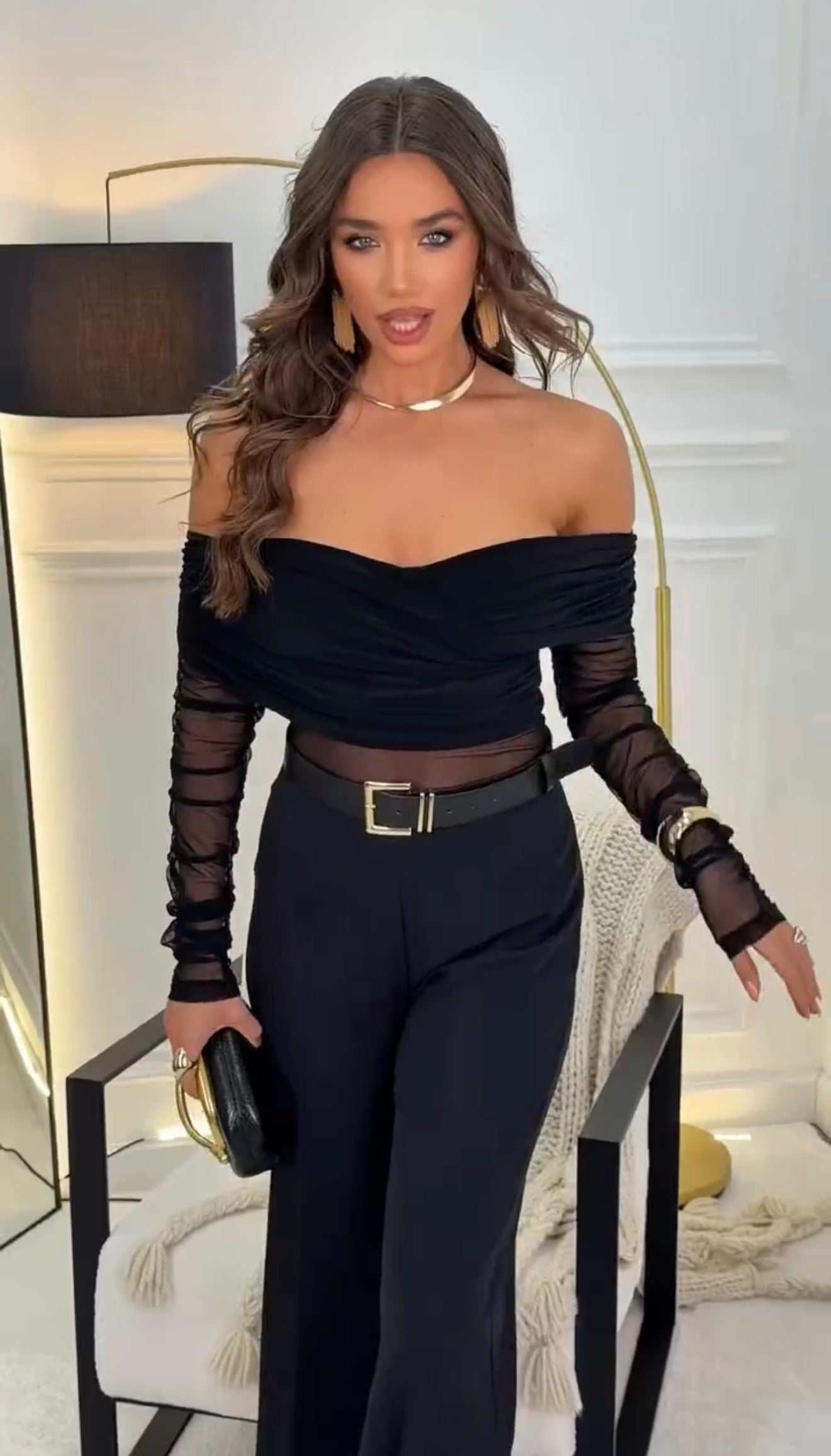 Nicolette Élégance Valmont — Conjunto Top Bardot Tul & Wide Leg | Feminidad Total