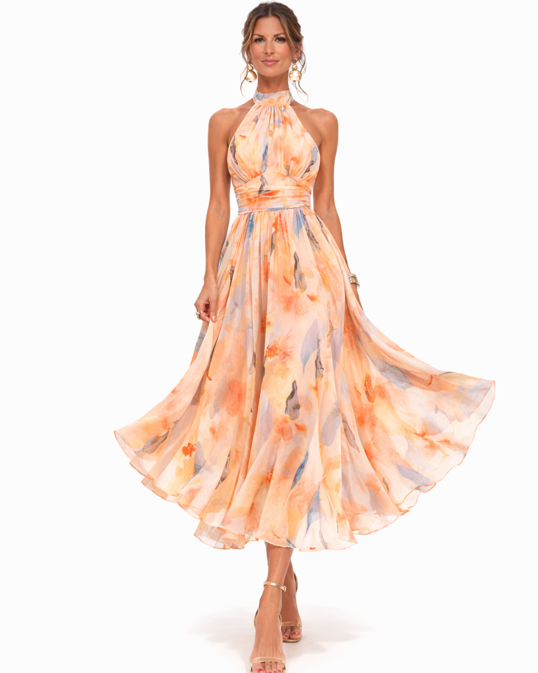 Aurora Valmont — Vestido Cuello Halter & Estampado Acuarela | Primavera Líquida