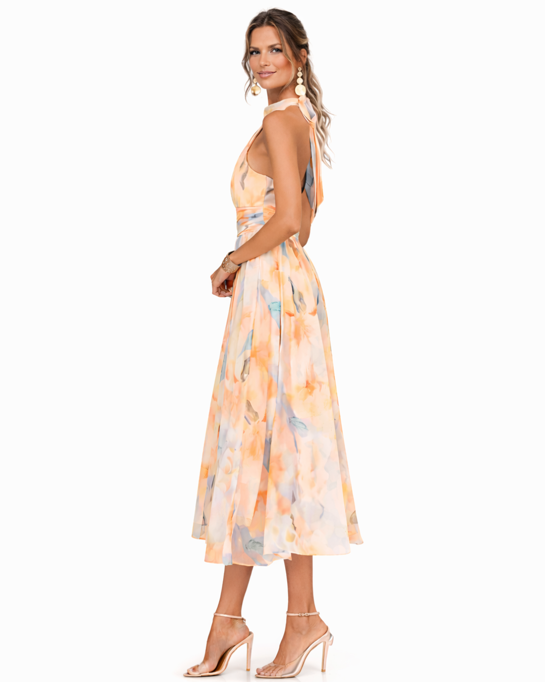 Aurora Valmont — Vestido Cuello Halter & Estampado Acuarela | Primavera Líquida