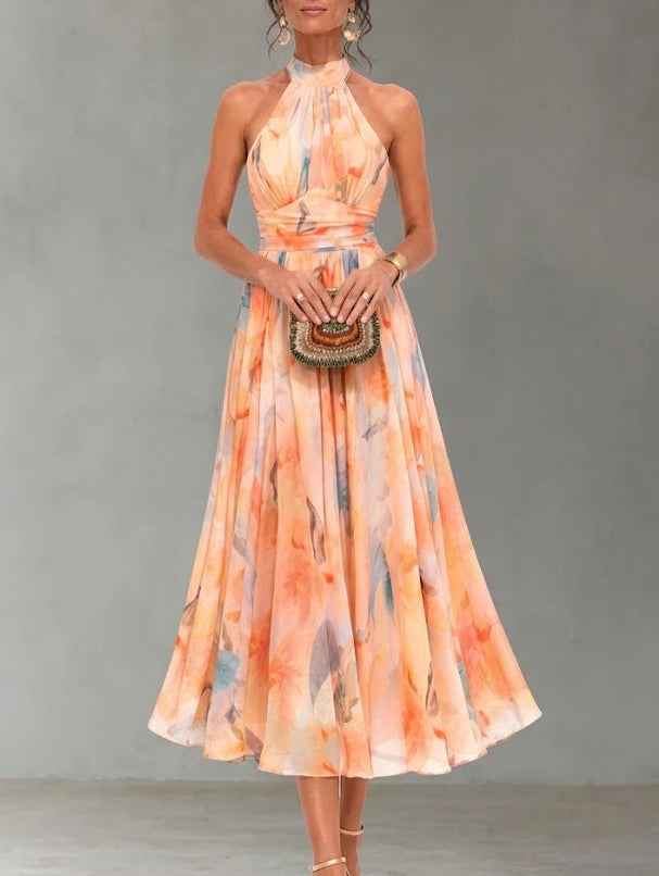 Aurora Valmont — Vestido Cuello Halter & Estampado Acuarela | Primavera Líquida