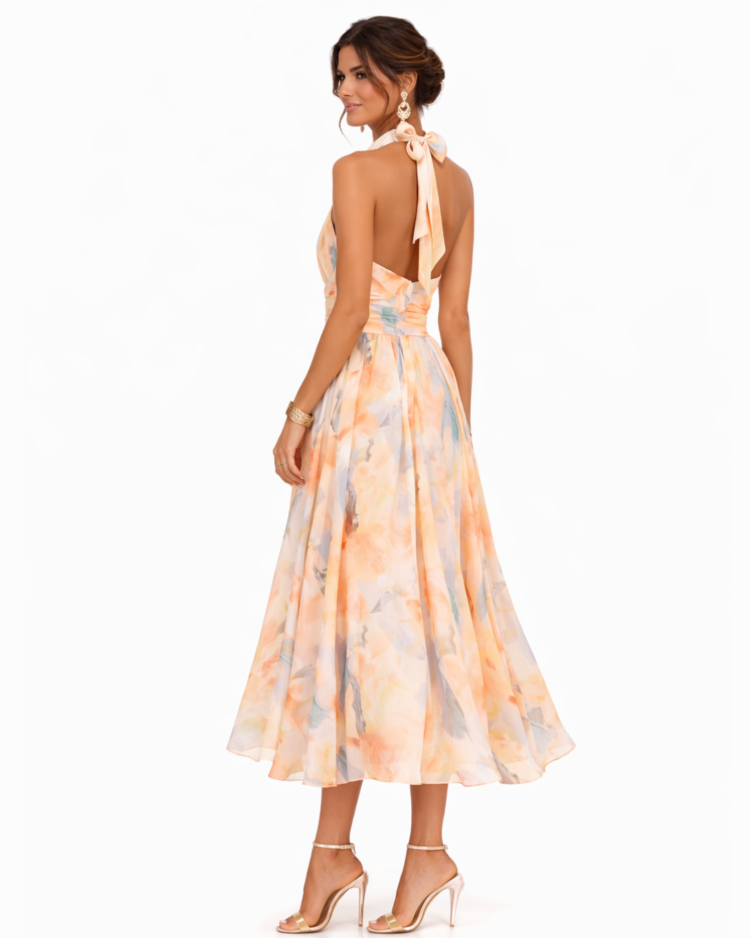 Aurora Valmont — Vestido Cuello Halter & Estampado Acuarela | Primavera Líquida