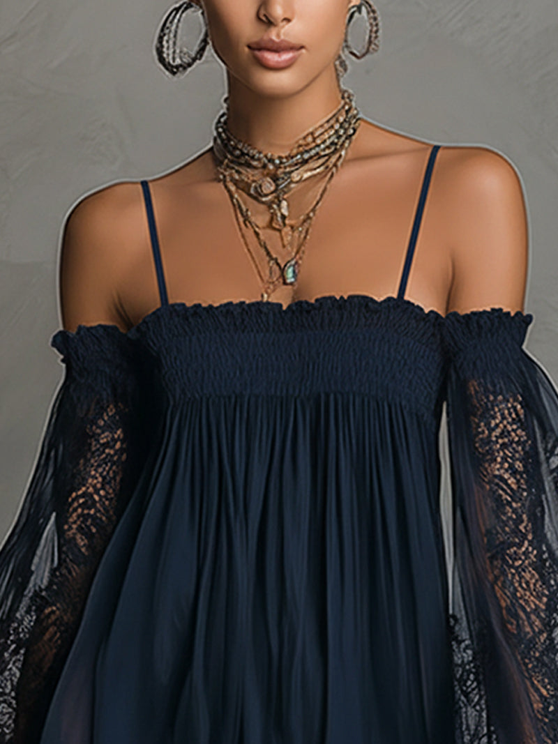 Vestido Noemi Valmont — Mini Off-Shoulder con Encaje | Azul Navy