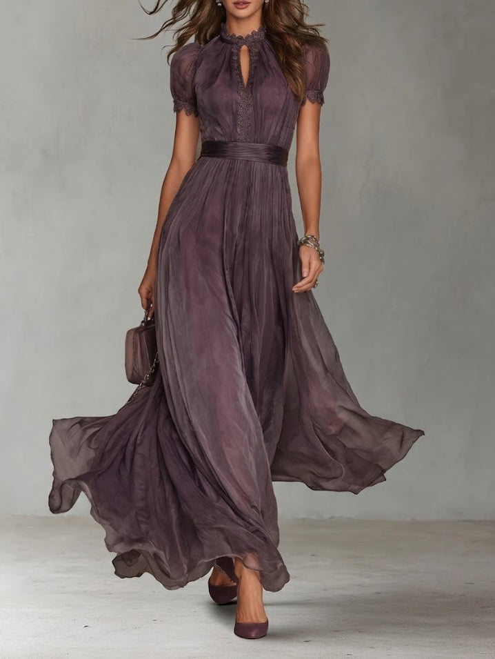 Flavia Valmont — Vestido Largo Violeta Escote Lágrima & Encaje Chiffon | Femme Précieuse