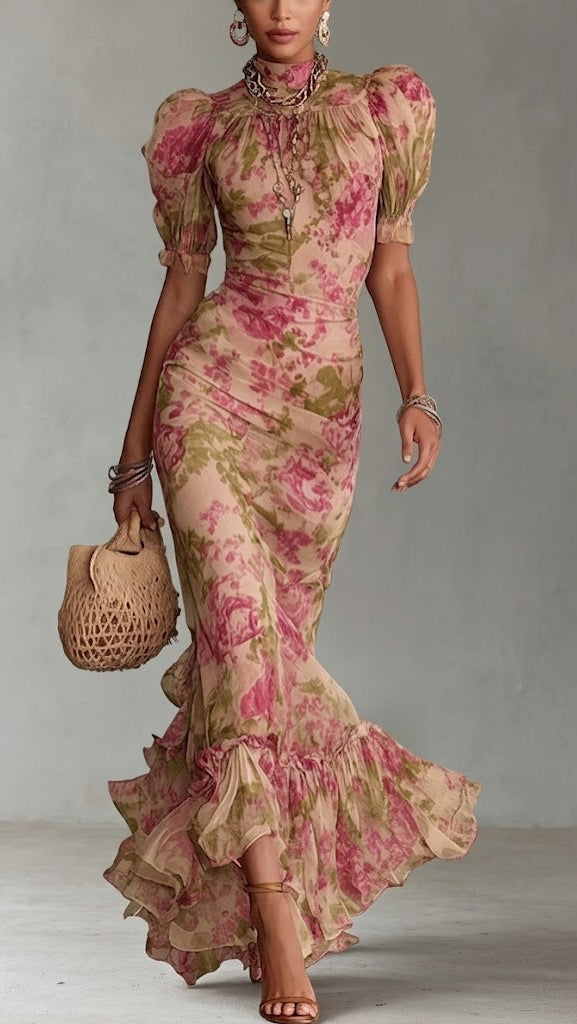 Fiora Valmont — Vestido Largo Rosas Vintage Mangas Abullonadas | LIQUIDACIÓN 50%