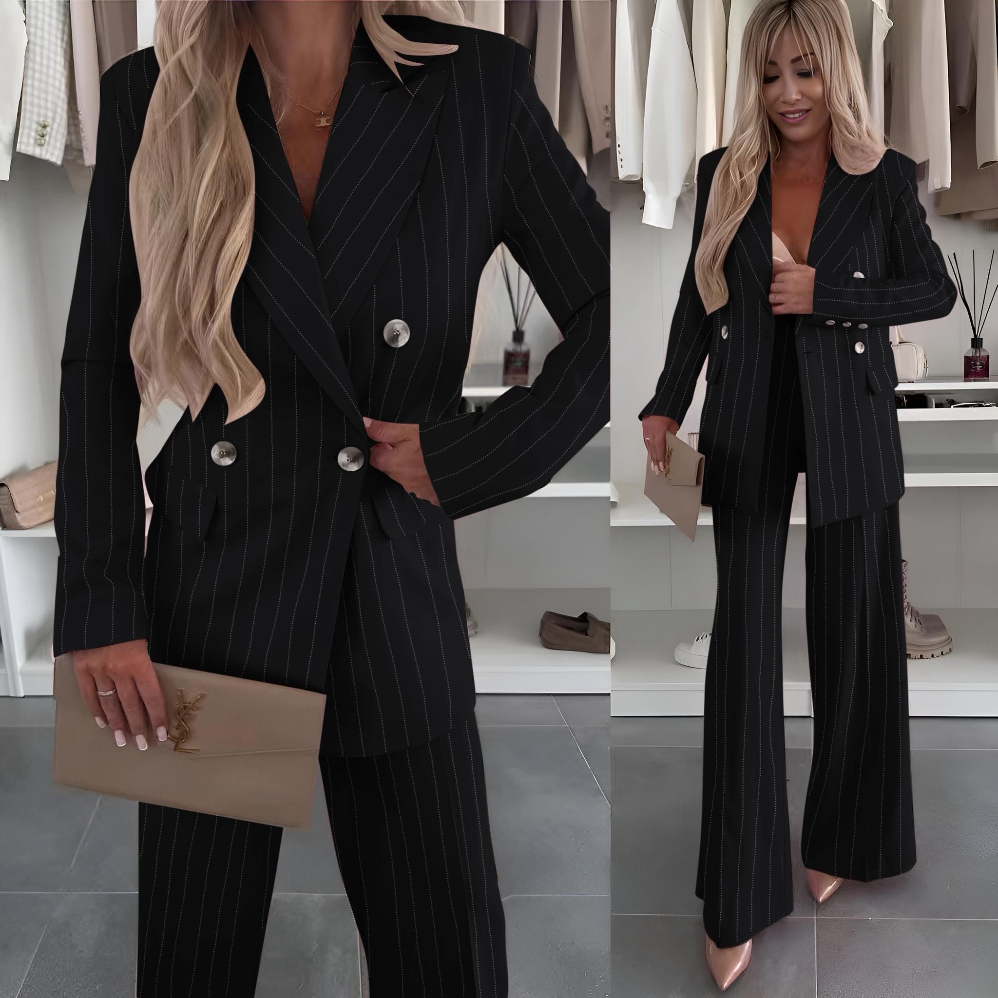 Sara Valmont — Conjunto Blazer & Pantalón Rayas Diplomáticas | Elegancia Estructurada