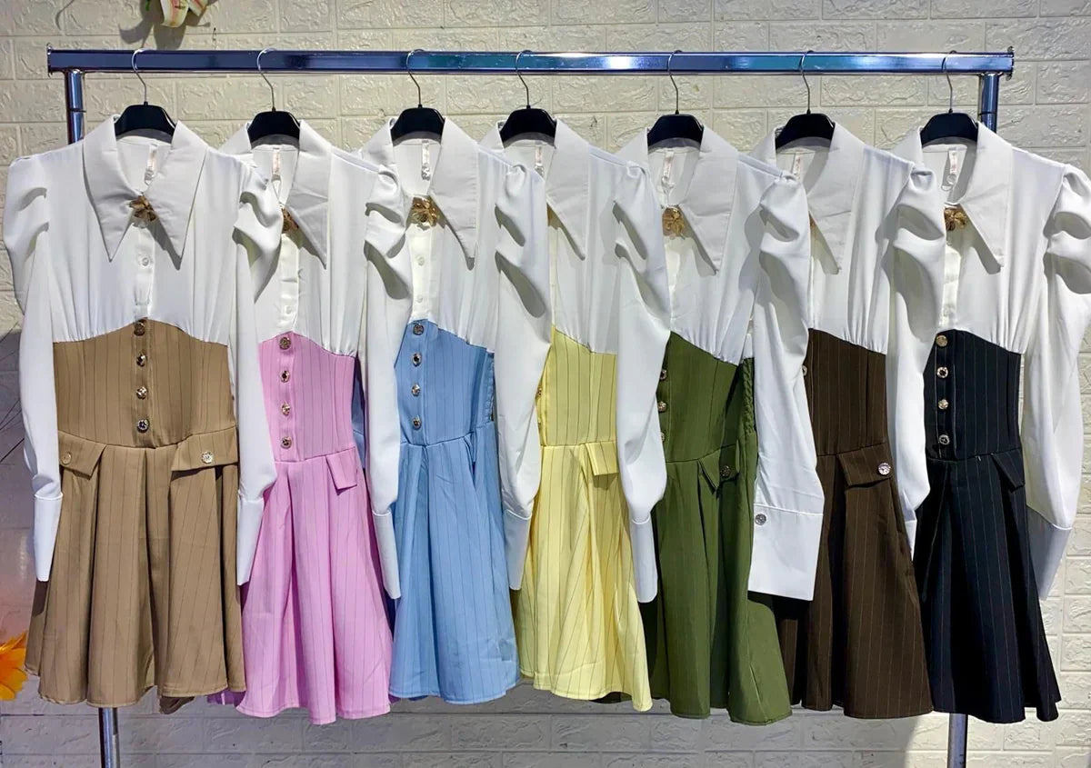Eda Vintage Valmont — Vestido Midi Camisero Plisado | Botonadura Dorada