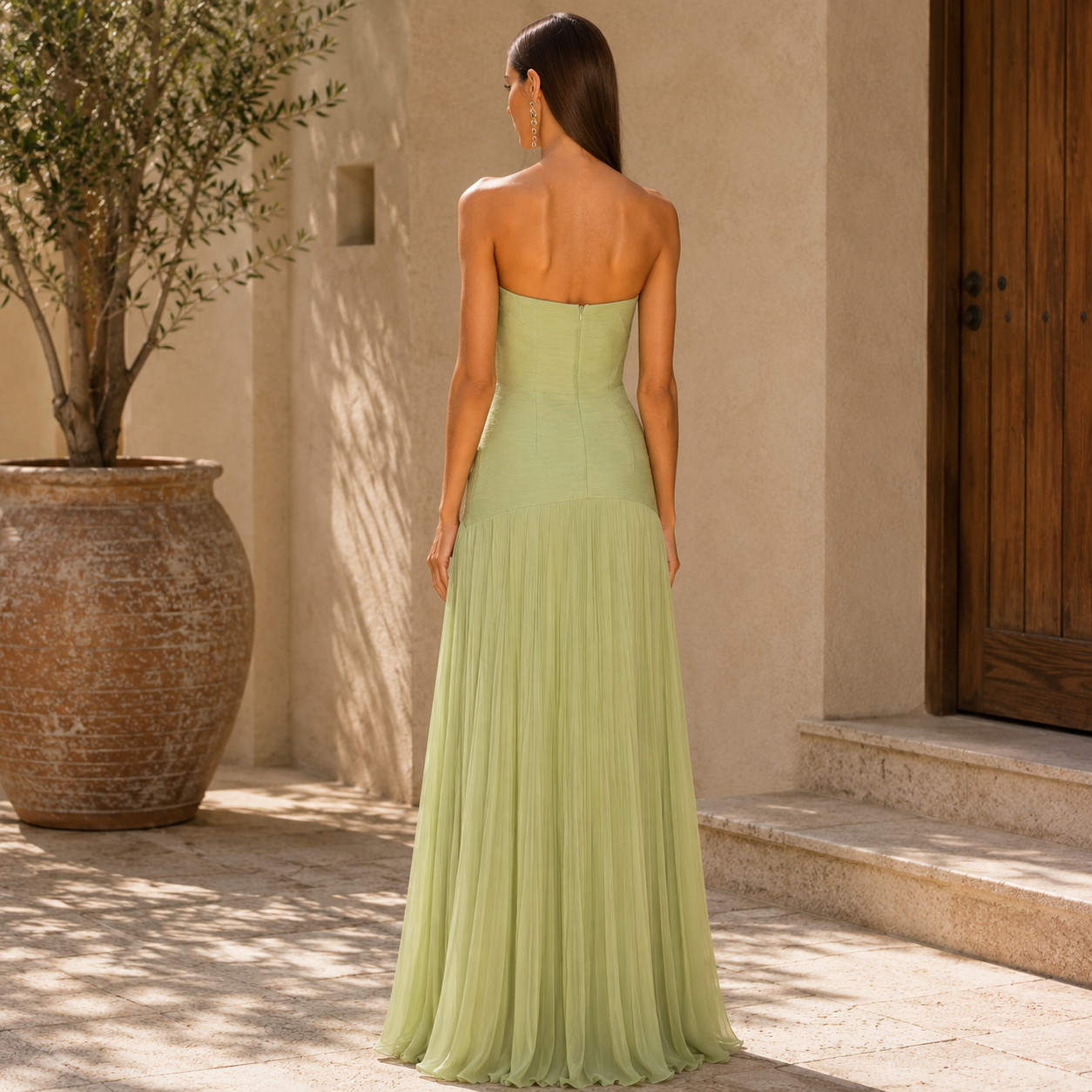 Vestido Almudena Valmont — Escote Corazón & Falda Plisada | Verde, Amarillo y Azul