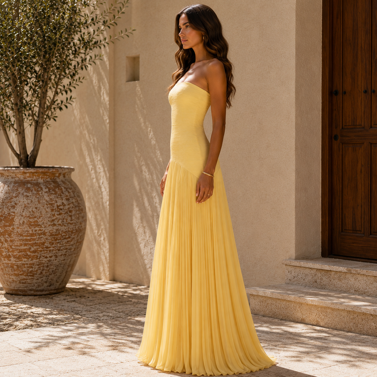 Vestido Almudena Valmont — Escote Corazón & Falda Plisada | Verde, Amarillo y Azul