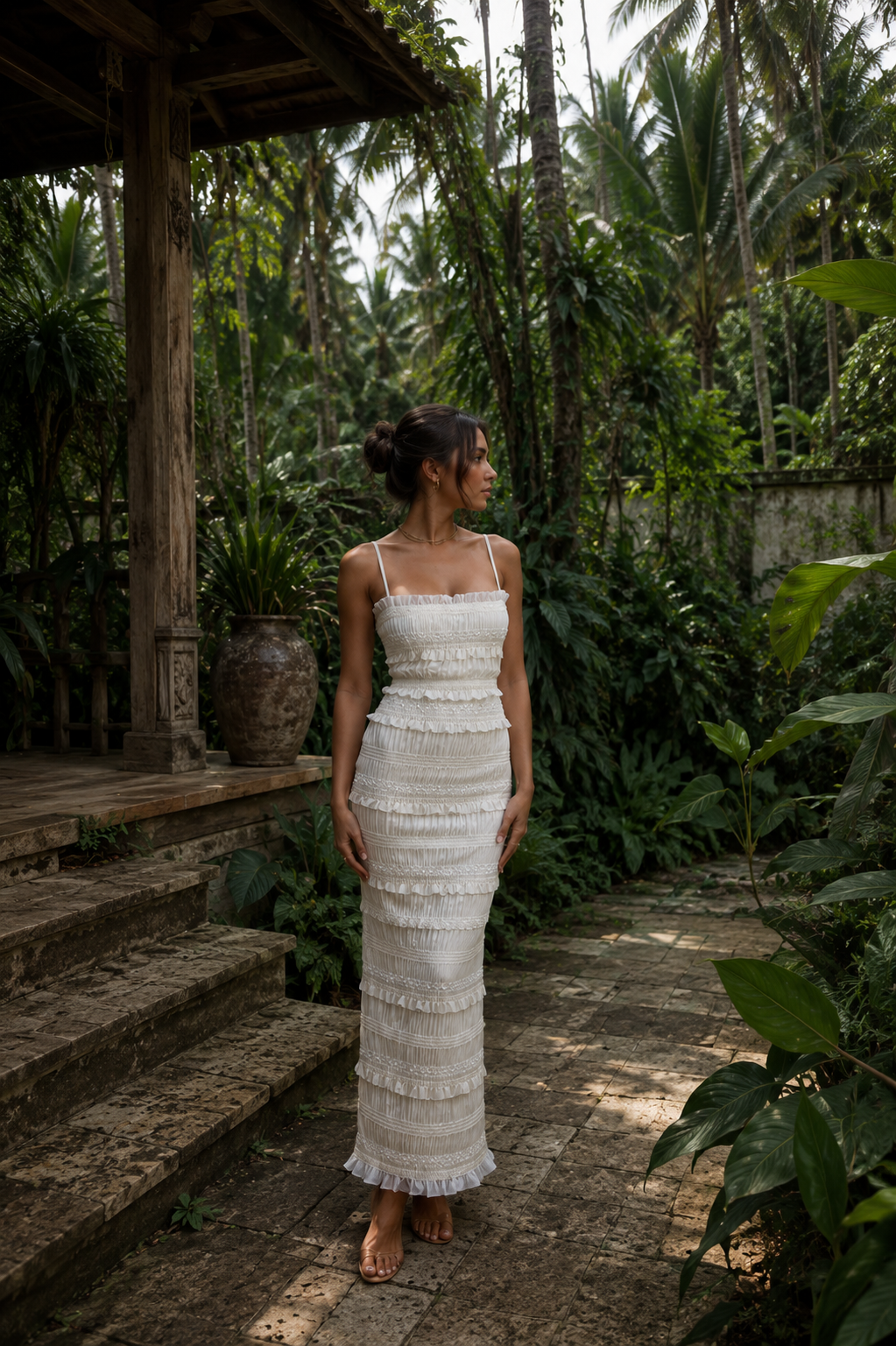 Solara Valmont — Vestido Maxi Lentejuelas & Volantes | Colección Bali