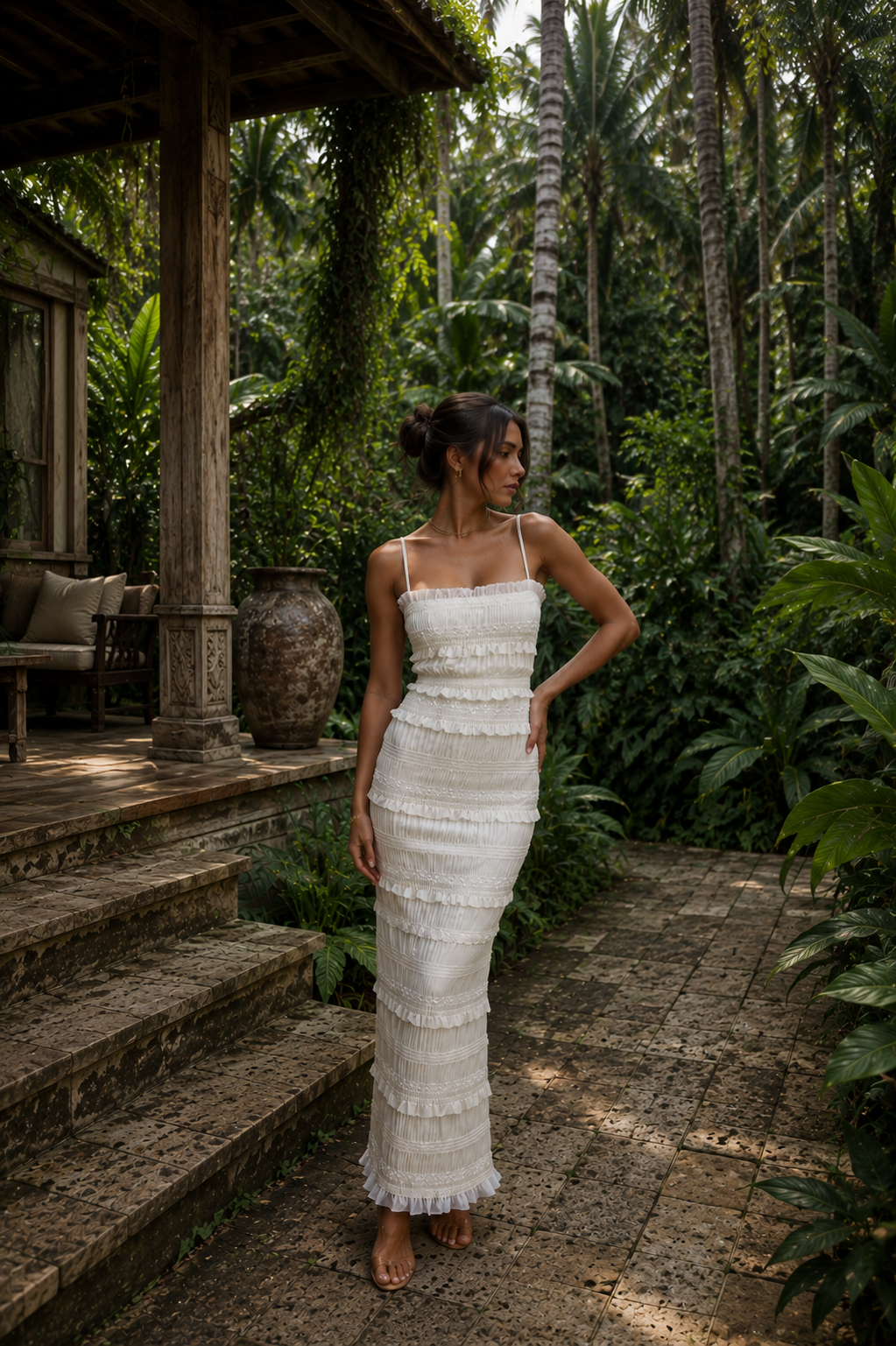 Solara Valmont — Vestido Maxi Lentejuelas & Volantes | Colección Bali