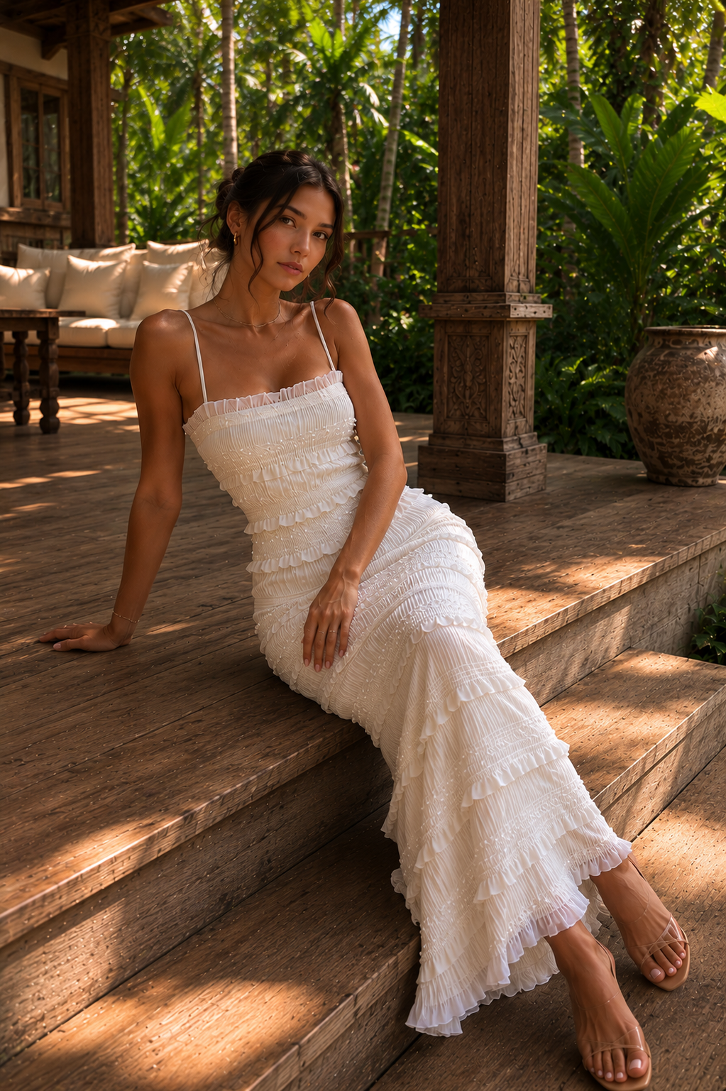 Solara Valmont — Vestido Maxi Lentejuelas & Volantes | Colección Bali