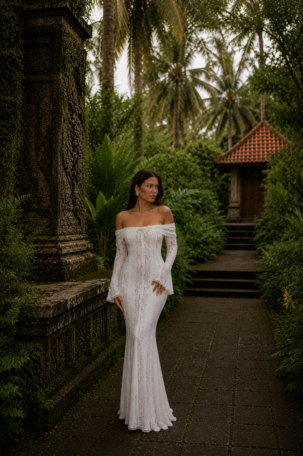 Rosalie Valmont — Vestido Maxi Off-Shoulder de Encaje | Bali