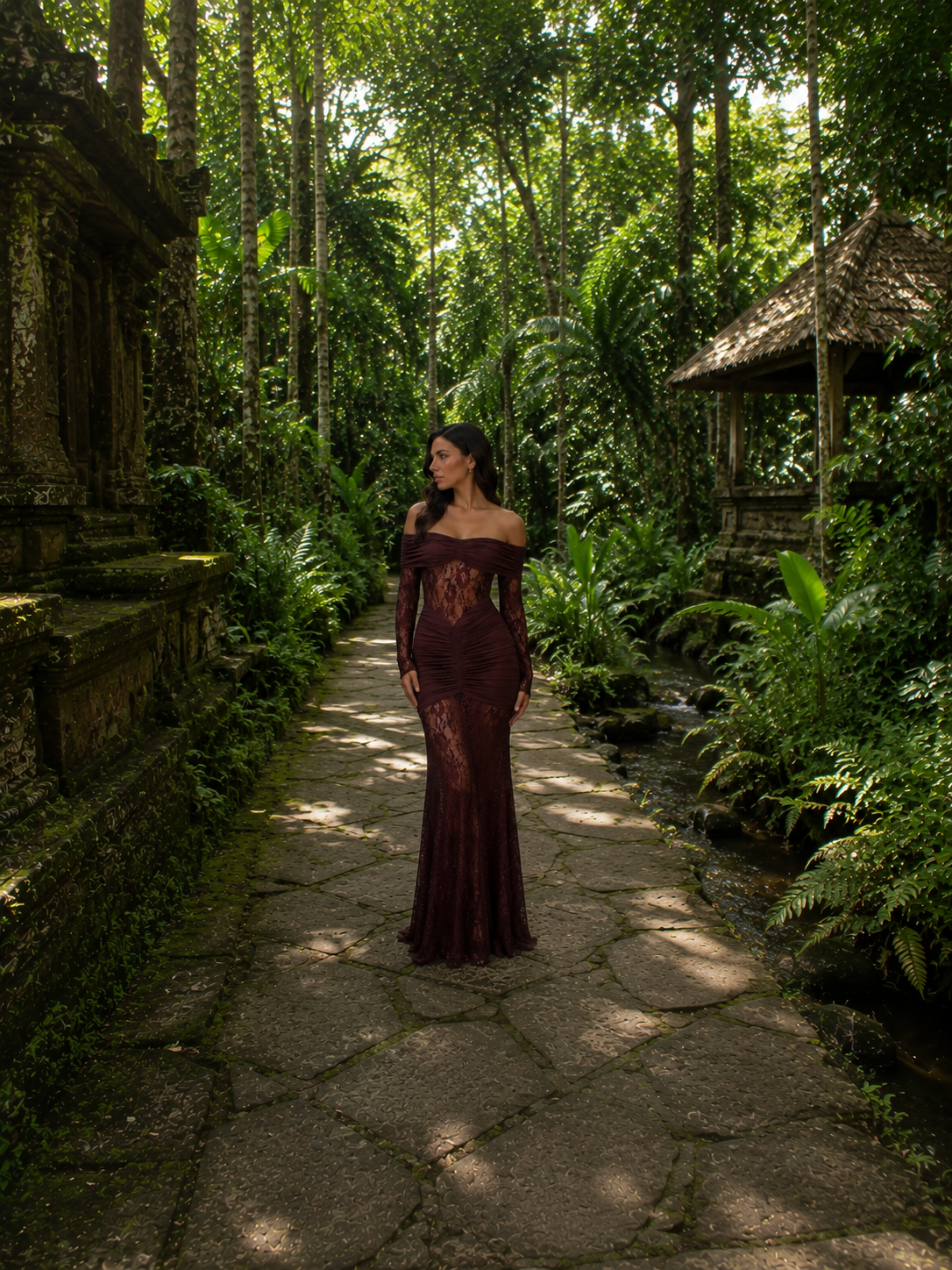 Bruma Valmont — Vestido Maxi Encaje Ruches | Colección Bali