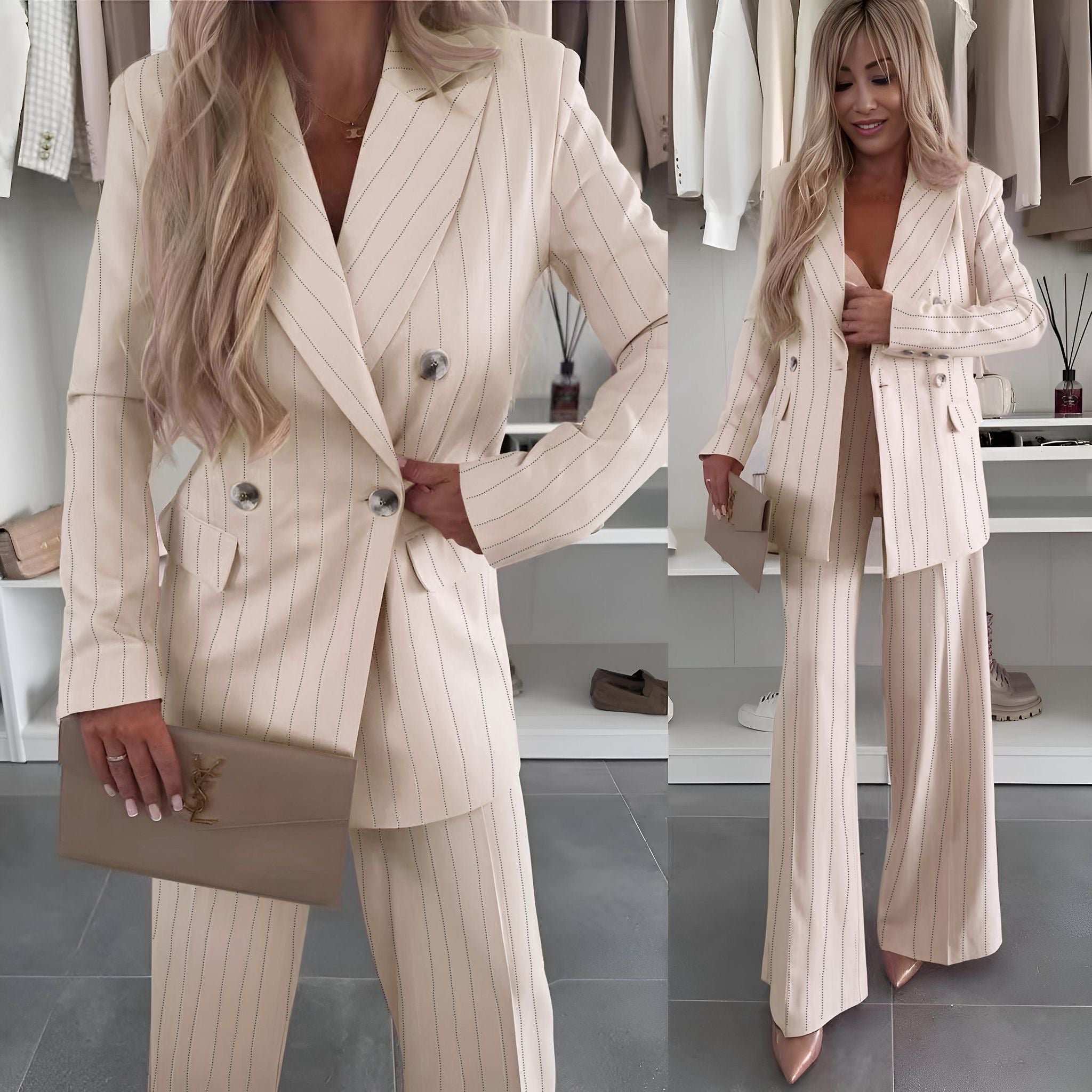 Sara Valmont — Conjunto Blazer & Pantalón Rayas Diplomáticas | Elegancia Estructurada