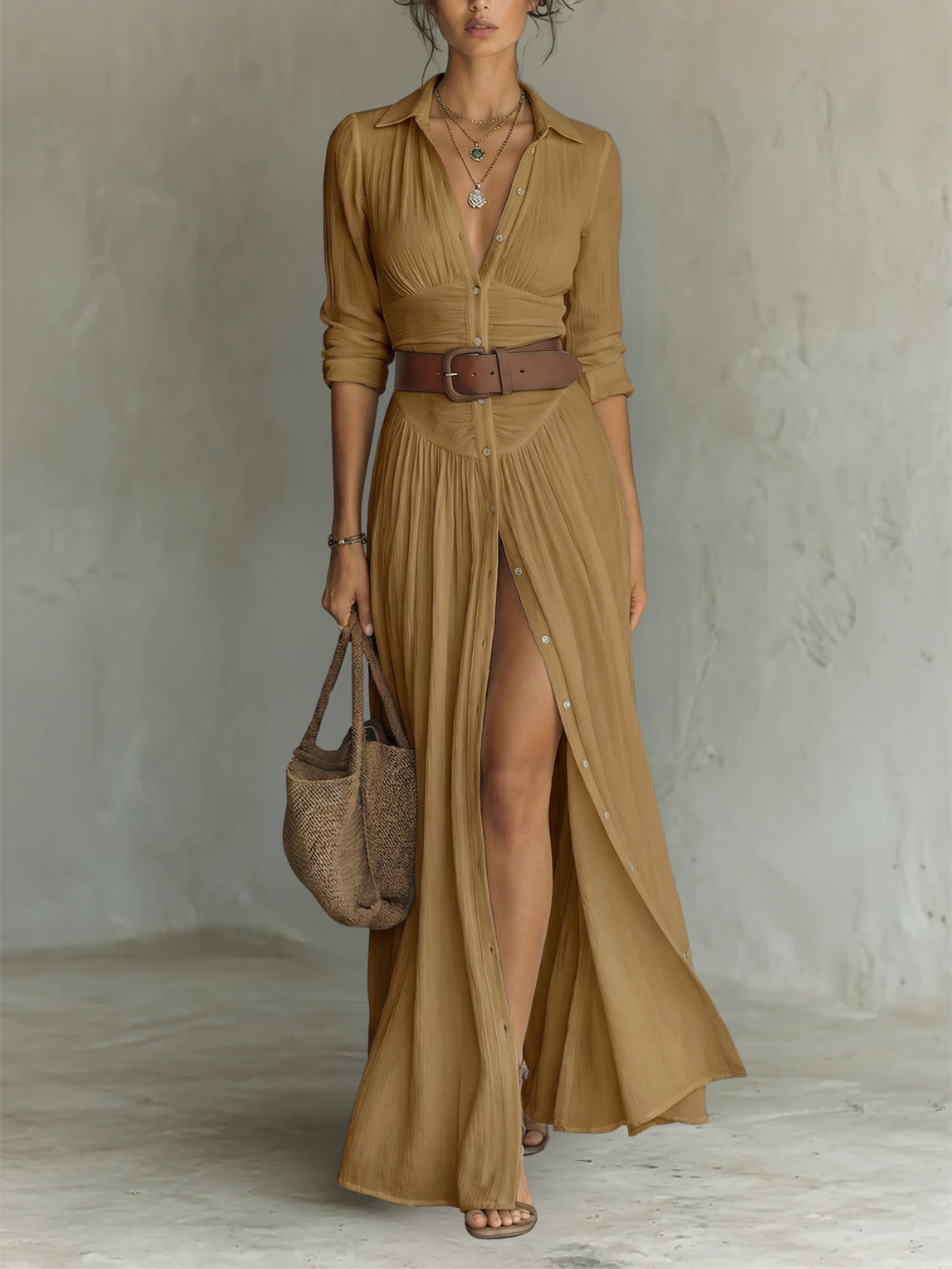 Soleil Valmont — Vestido Maxi Lino Cuello Solapa & Mangas Largas | Elegancia Natural
