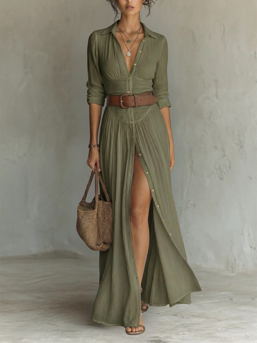 Soleil Valmont — Vestido Maxi Lino Cuello Solapa & Mangas Largas | Elegancia Natural