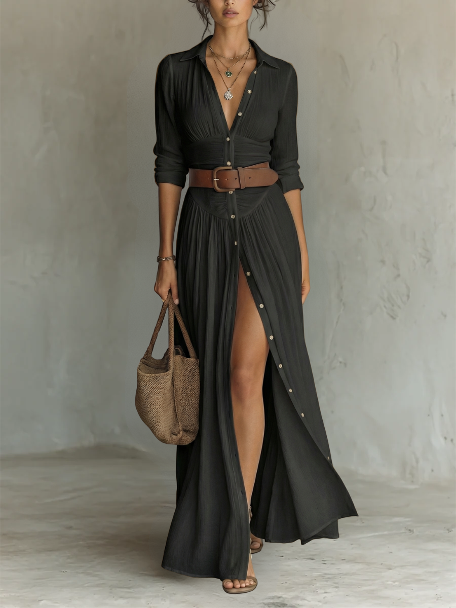 Soleil Valmont — Vestido Maxi Lino Cuello Solapa & Mangas Largas | Elegancia Natural