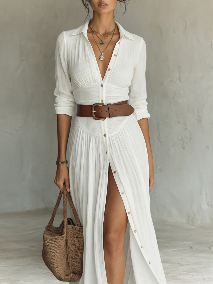 Soleil Valmont — Vestido Maxi Lino Cuello Solapa & Mangas Largas | Elegancia Natural