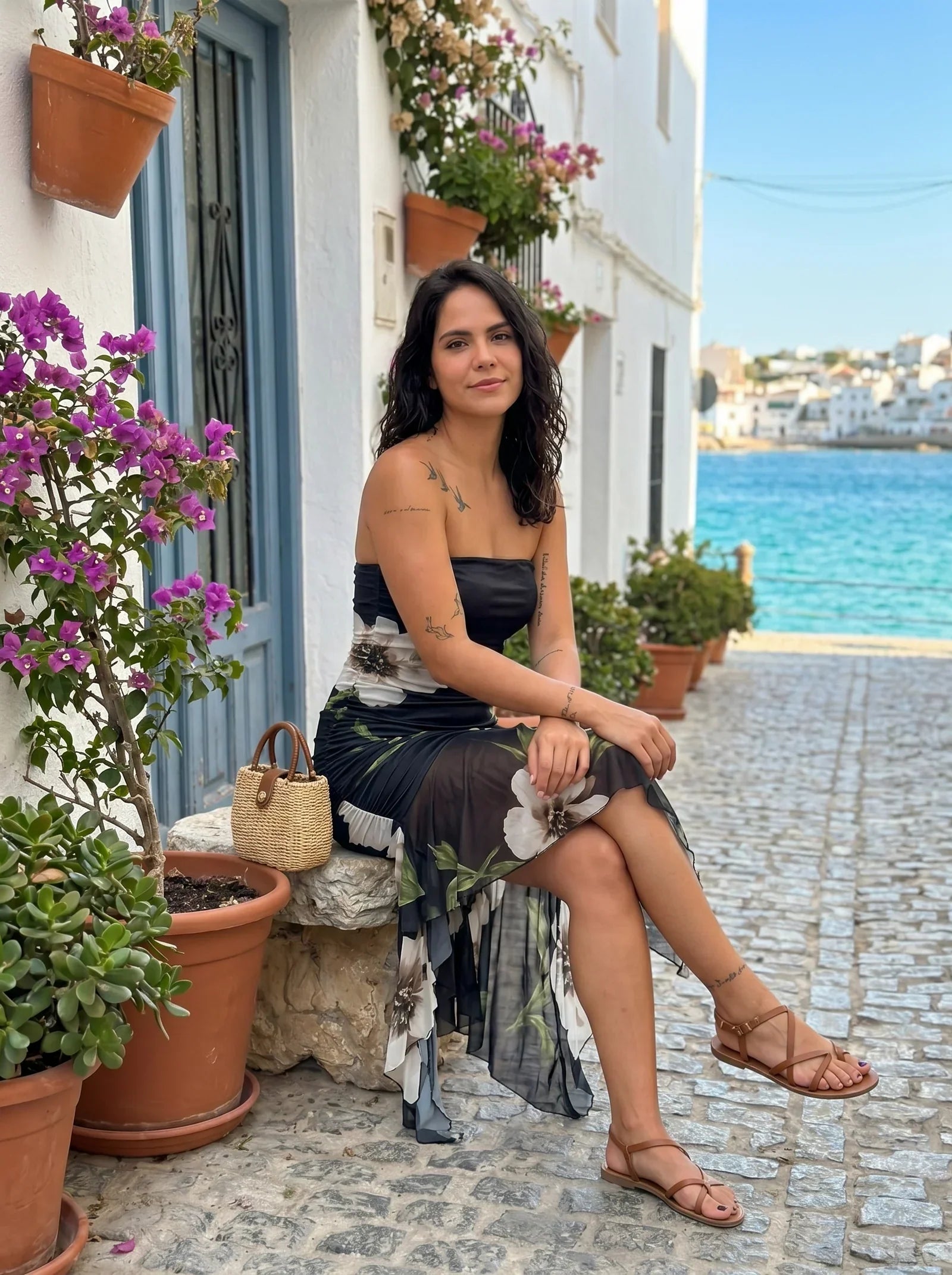 Helena Valmont — Vestido Negro Estampado Floral | Marbella 2026