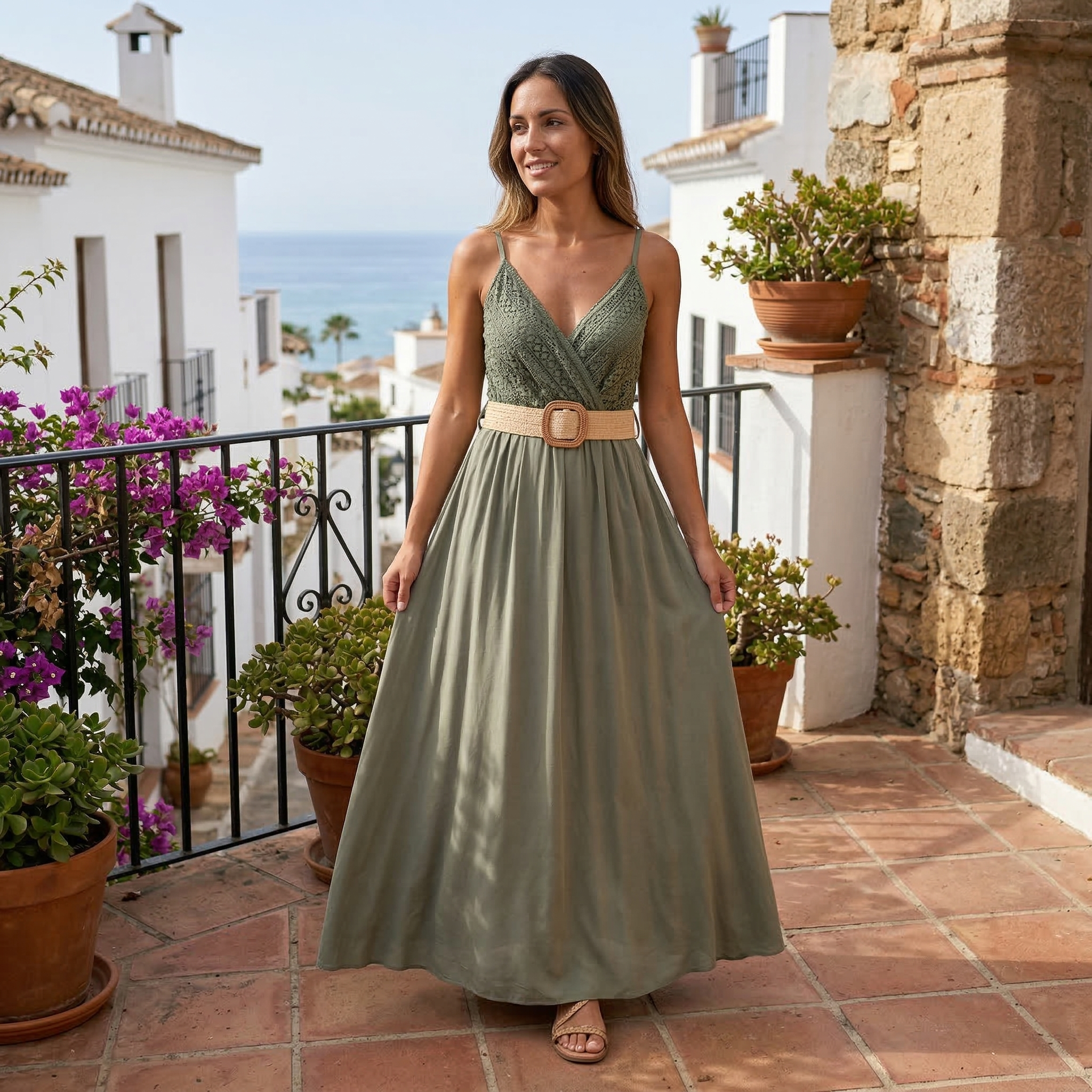 Elena Valmont — Vestido Largo Liso Pecho Encaje | Marbella 2026
