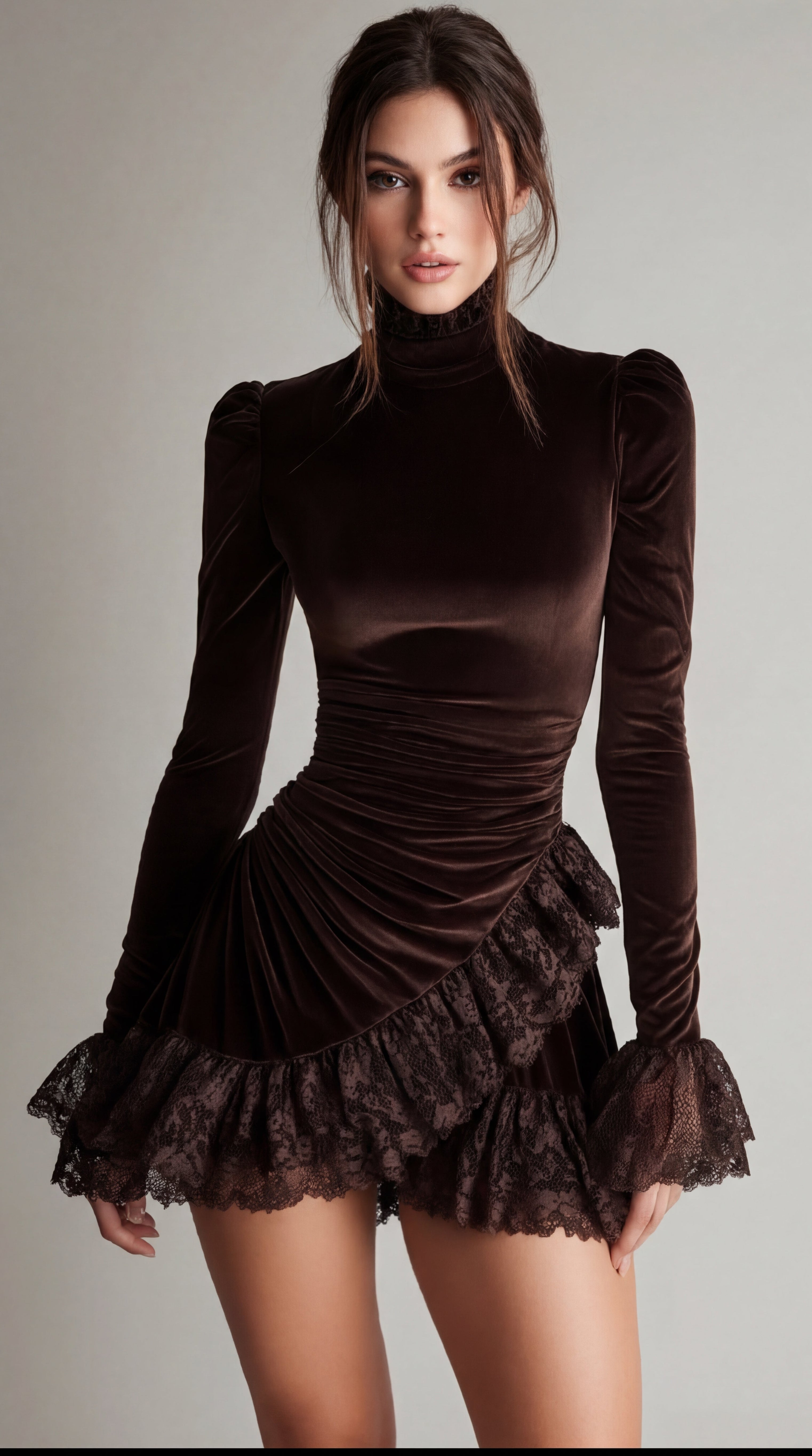 Madeleine Valmont — Vestido Corto Terciopelo con Detalles Encaje | Femme