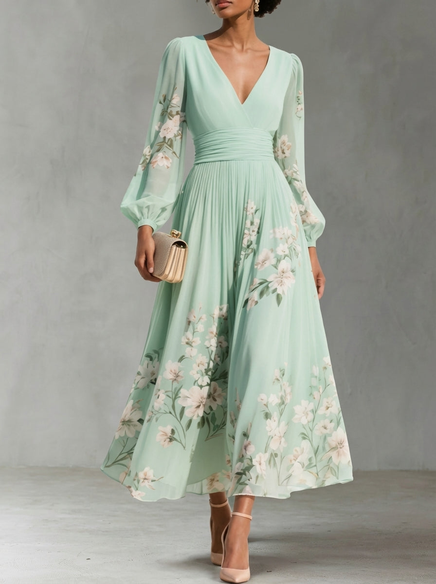 Gabriela Valmont — Vestido Midi Floral Plisado Gasa Escote V | LIQUIDACIÓN 50%
