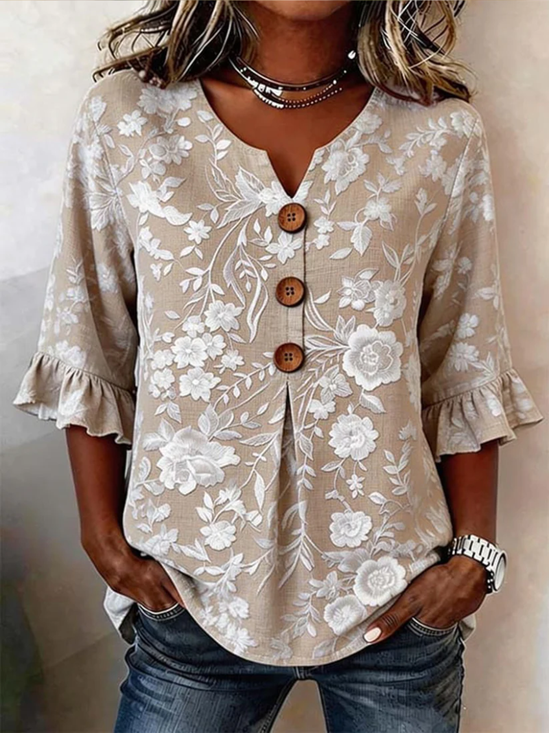 Blusas Nora Valmont — delicadeza que enmarca tu belleza | Blusa Floral con Botones Decorativos