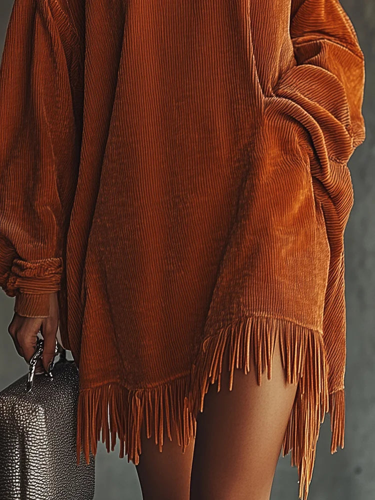 Velours Valmont — Vestido Oversize Pana con Flecos | Confort de Lujo