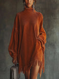 Velours Valmont — Vestido Oversize Pana con Flecos | Confort de Lujo