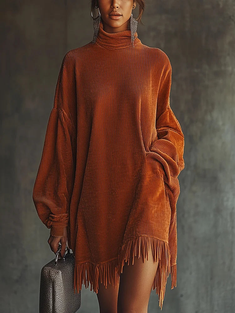 Velours Valmont — Vestido Oversize Pana con Flecos | Confort de Lujo