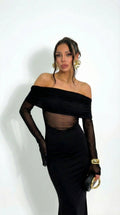 Velvet Shadow Valmont — Vestido Maxi Bardot Tul & Manga Larga | Misteriosa