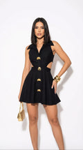 Maddy Gold Valmont — Vestido Mini Camisero Aberturas & Botonadura Dorada | Oro