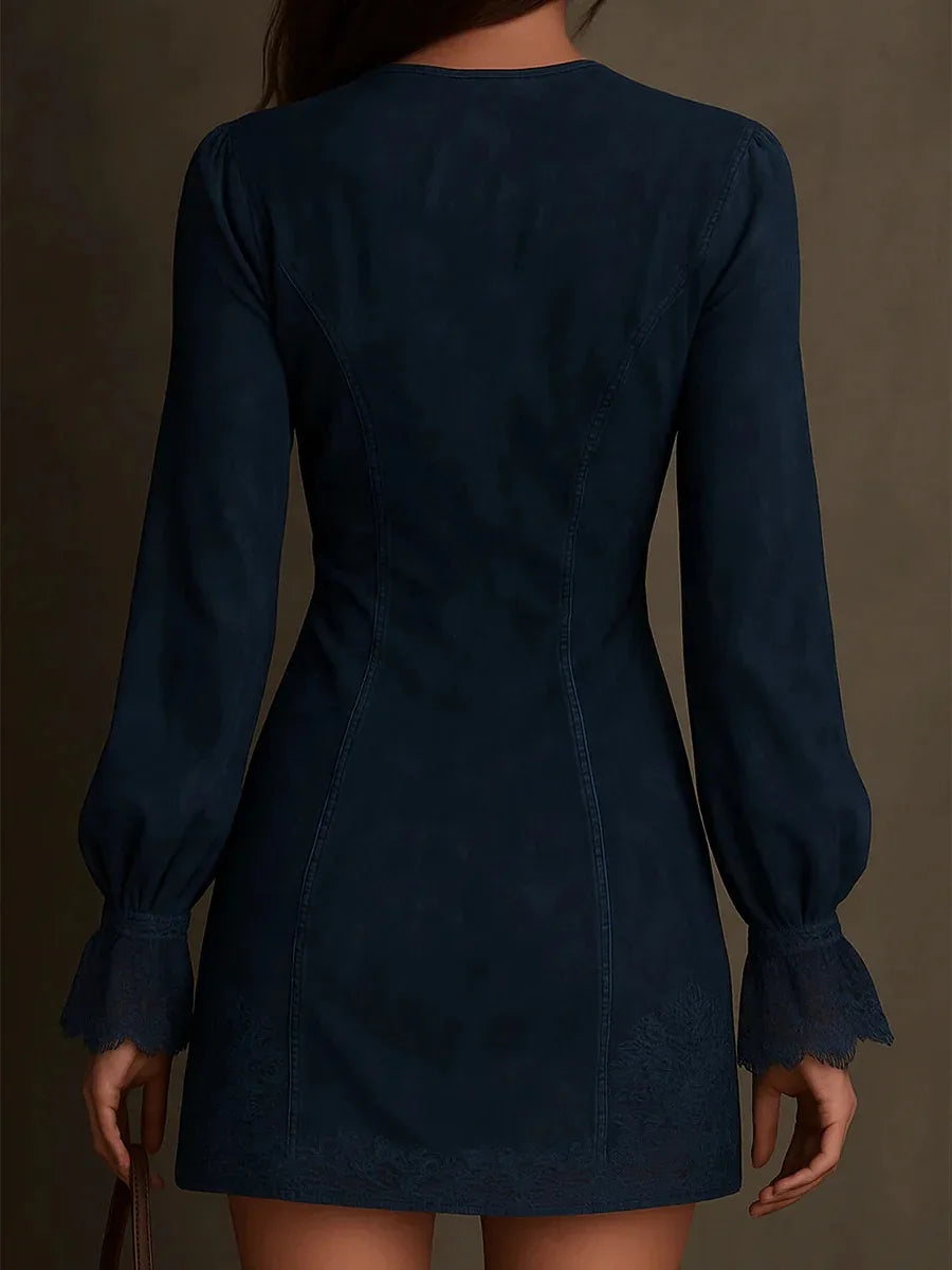 Margot Valmont — Vestido Corto Efecto Ante con Encaje | Douce Audace