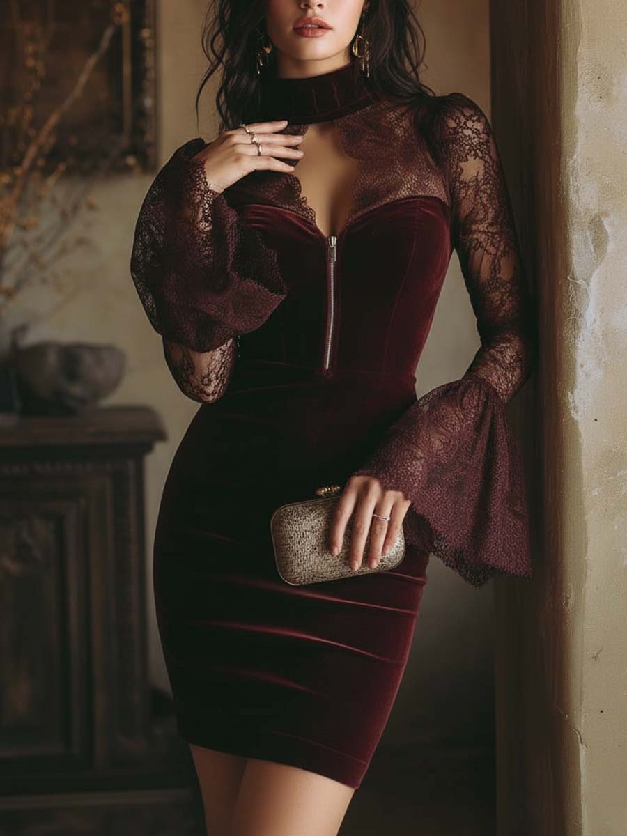 Élodie Valmont — Vestido Mini Terciopelo con Encaje | LIQUIDACIÓN