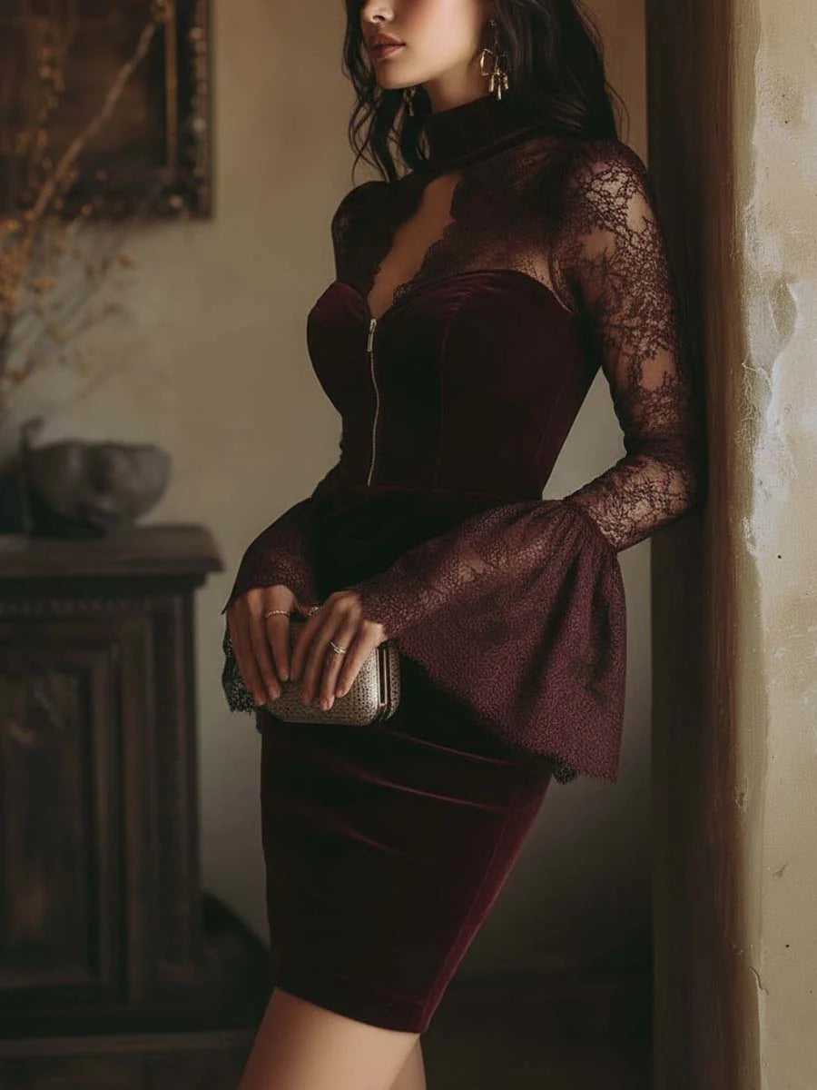Élodie Valmont — Vestido Mini Terciopelo con Encaje | LIQUIDACIÓN