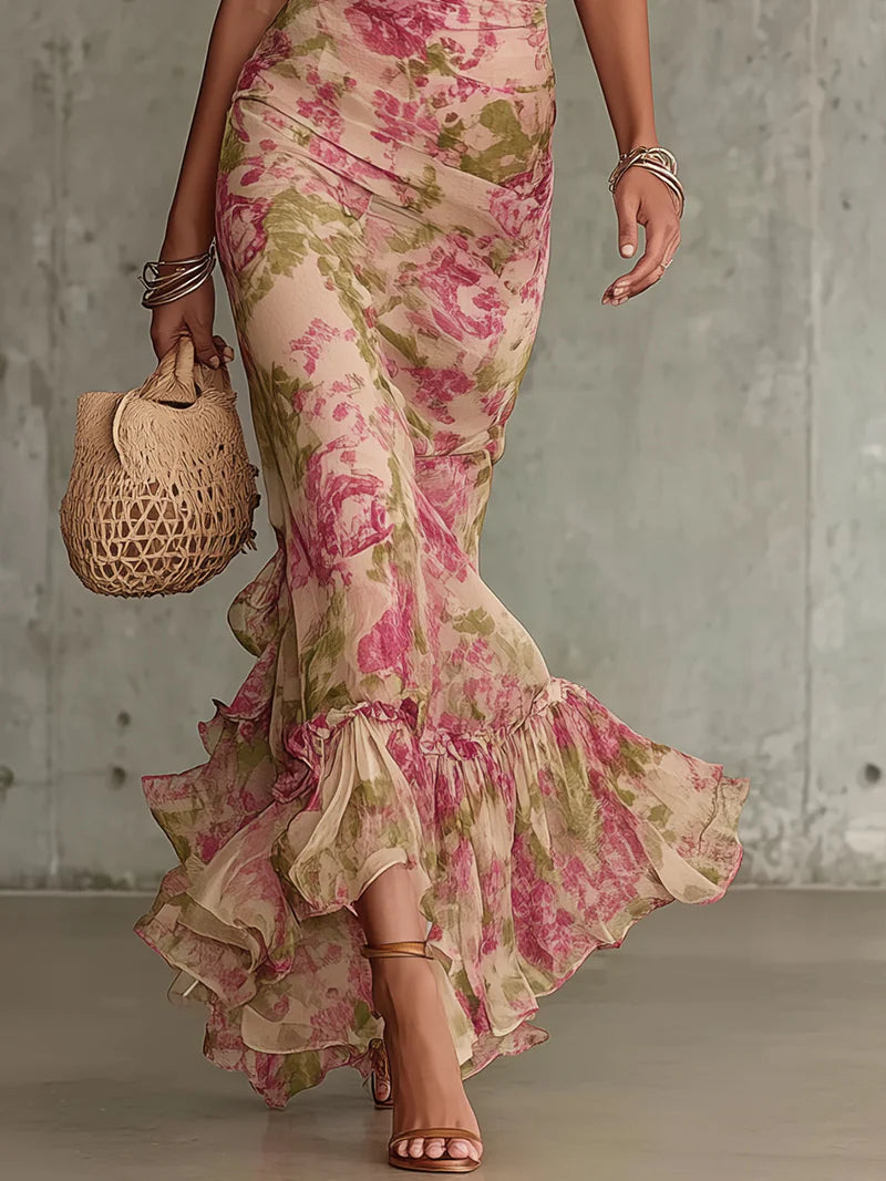 Fiora Valmont — Vestido Largo Rosas Vintage Mangas Abullonadas | LIQUIDACIÓN 50%