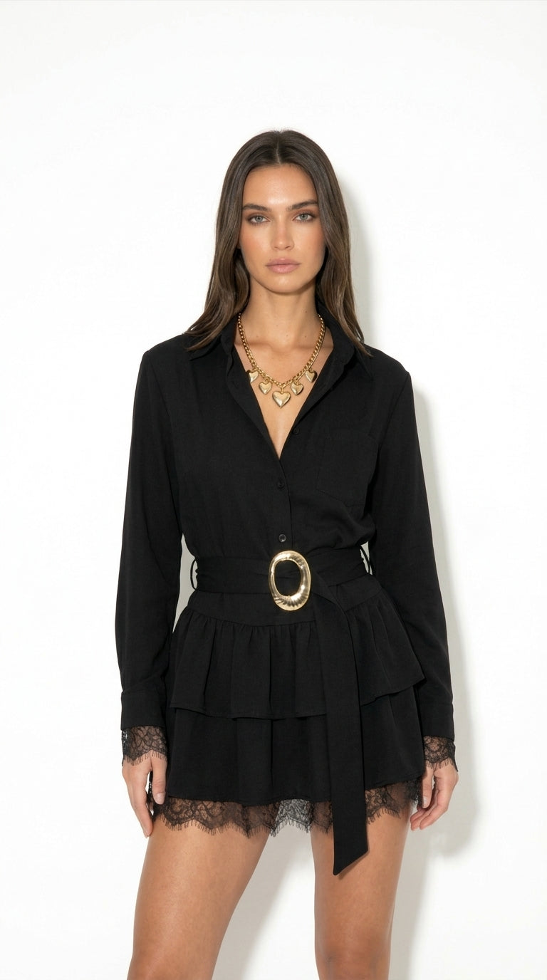 Letizia Boho Valmont — Vestido Mini Camisero Volantes & Cinturón | Bohème Luxe