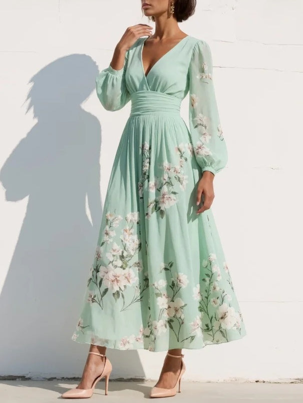 Gabriela Valmont — Vestido Midi Floral Plisado Gasa Escote V | LIQUIDACIÓN 50%