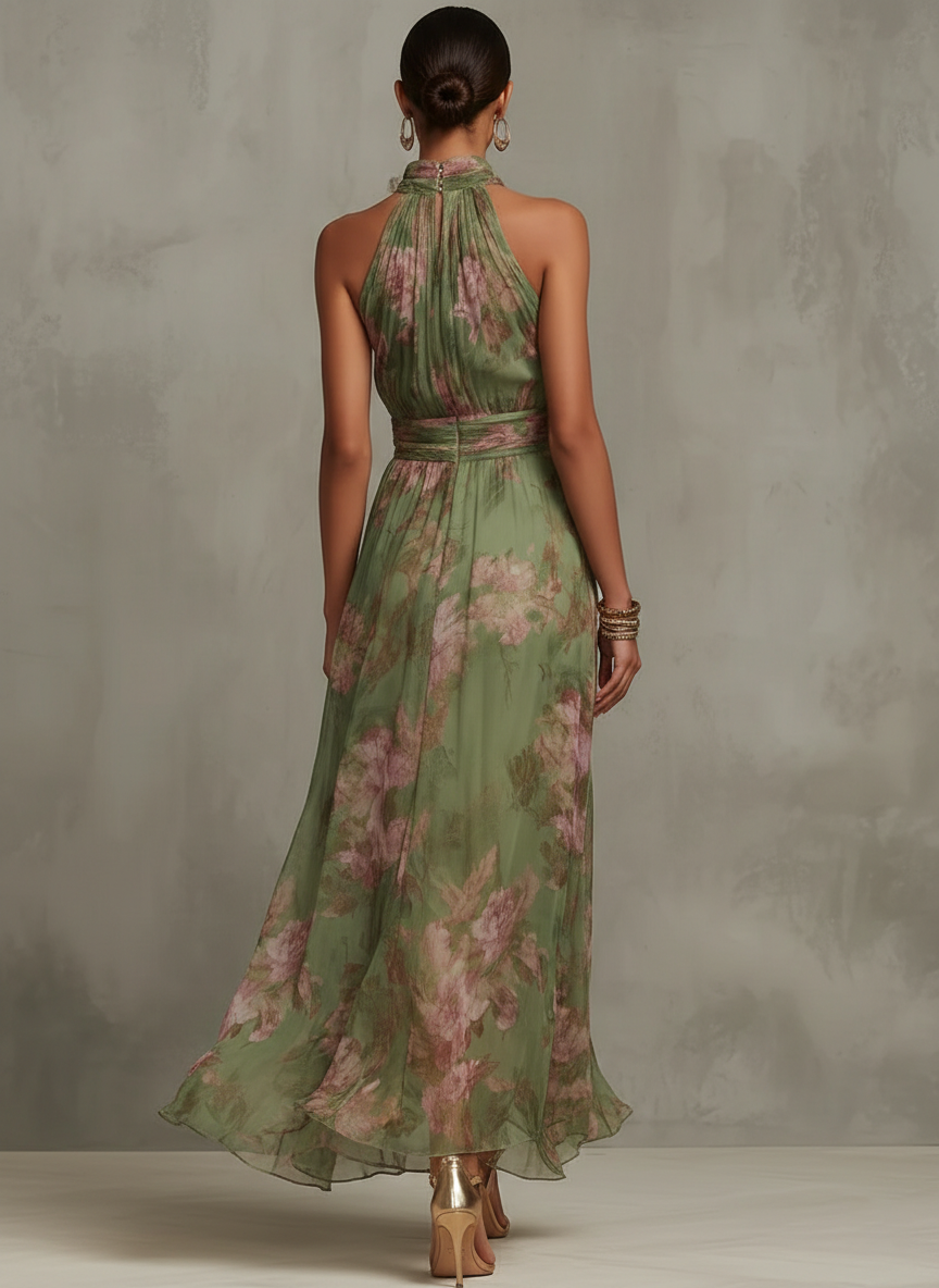 Serena Valmont — Vestido Largo Chiffon Verde Floral & Escote Halter | Naturaleza Viva