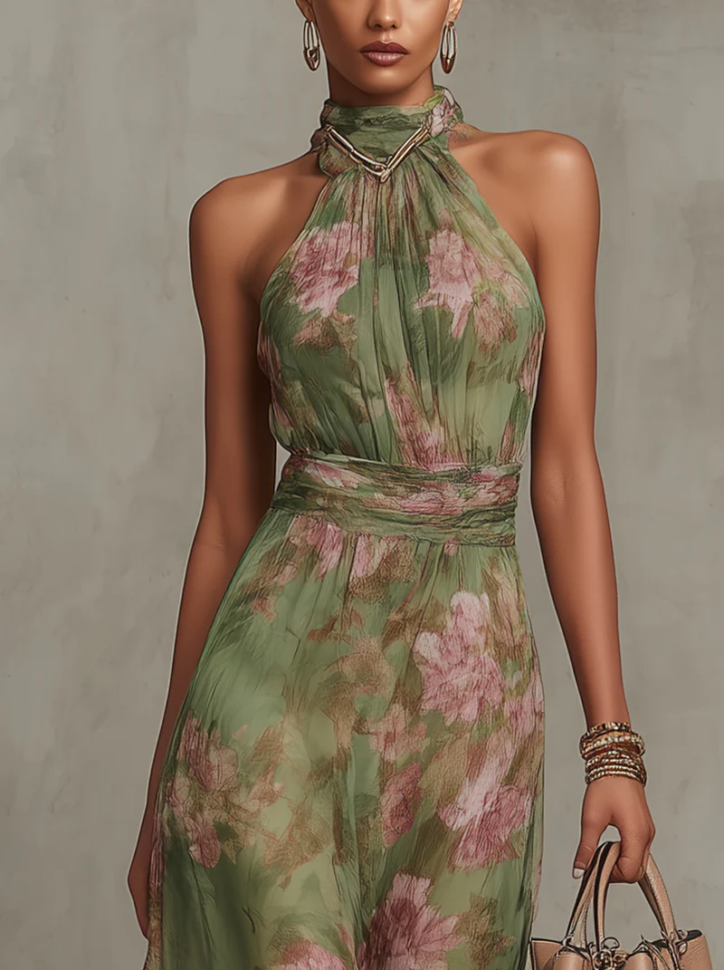 Serena Valmont — Vestido Largo Chiffon Verde Floral & Escote Halter | Naturaleza Viva
