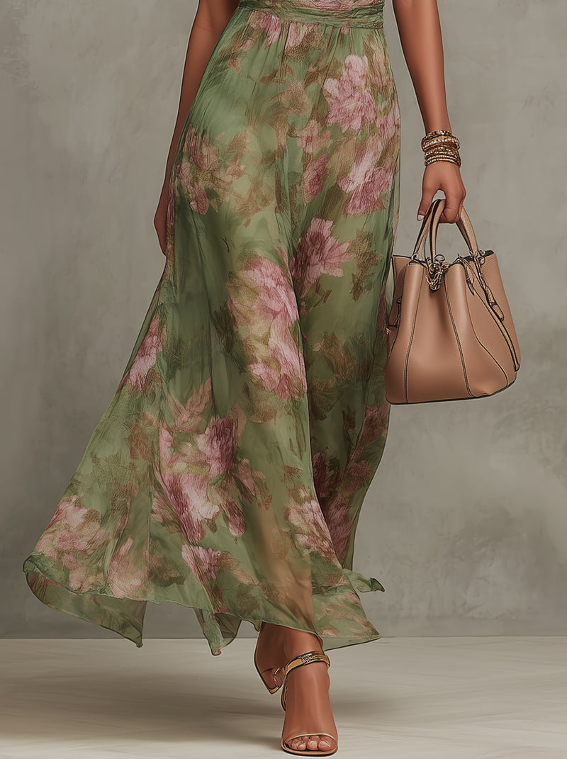 Serena Valmont — Vestido Largo Chiffon Verde Floral & Escote Halter | Naturaleza Viva