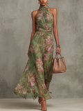 Serena Valmont — Vestido Largo Chiffon Verde Floral & Escote Halter | Naturaleza Viva