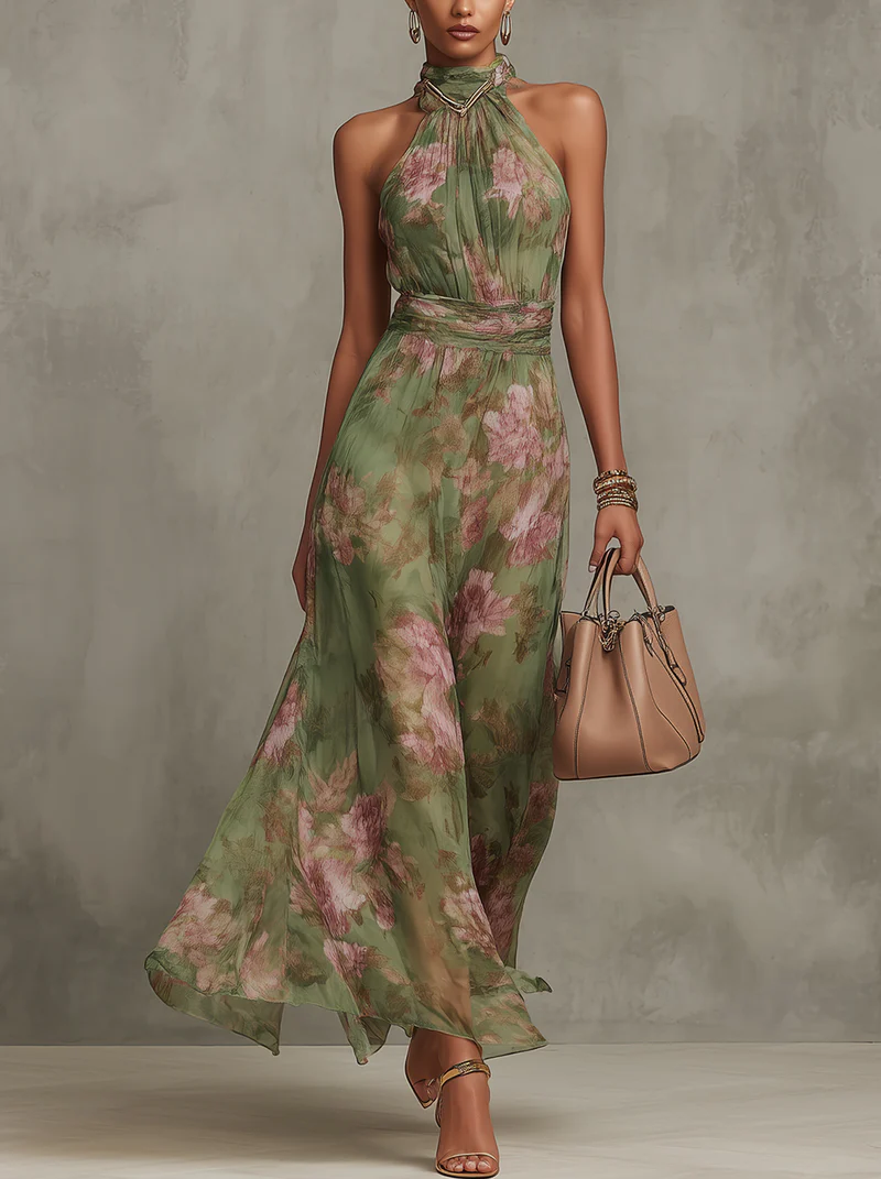 Serena Valmont — Vestido Largo Chiffon Verde Floral & Escote Halter | Naturaleza Viva
