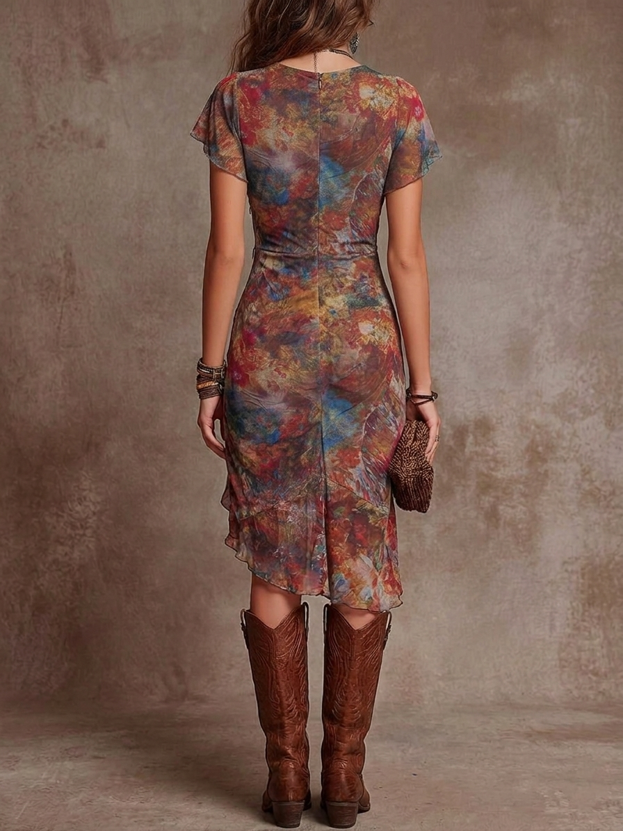 Martina Valmont — Vestido Midi Plisado Escote en V | Estampado Artístico